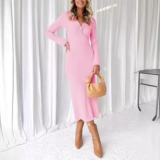 Damen elegantes Strickkleid mit tiefem V-Ausschnitt und figurschmeichelnder Rippstruktur Drune