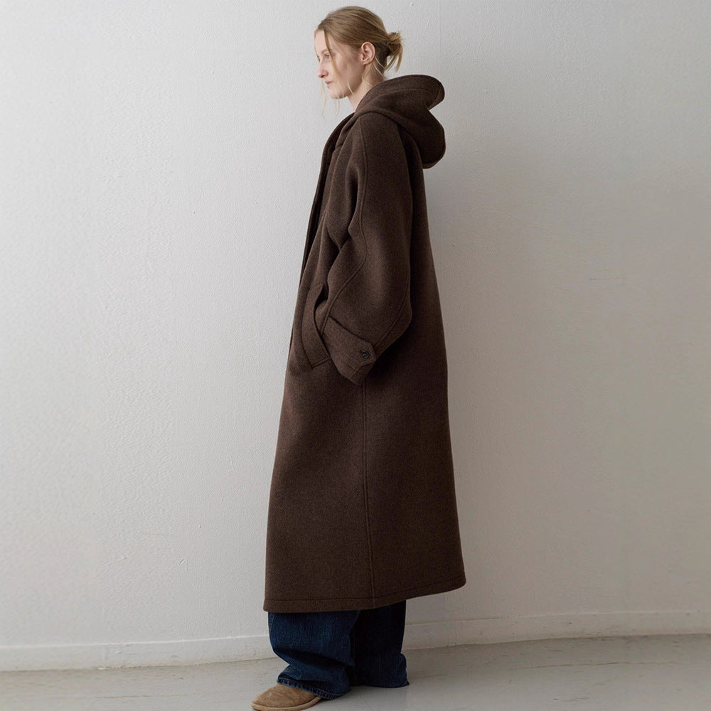 Damen oversized Wollmantel mit praktischer Kapuze Drune