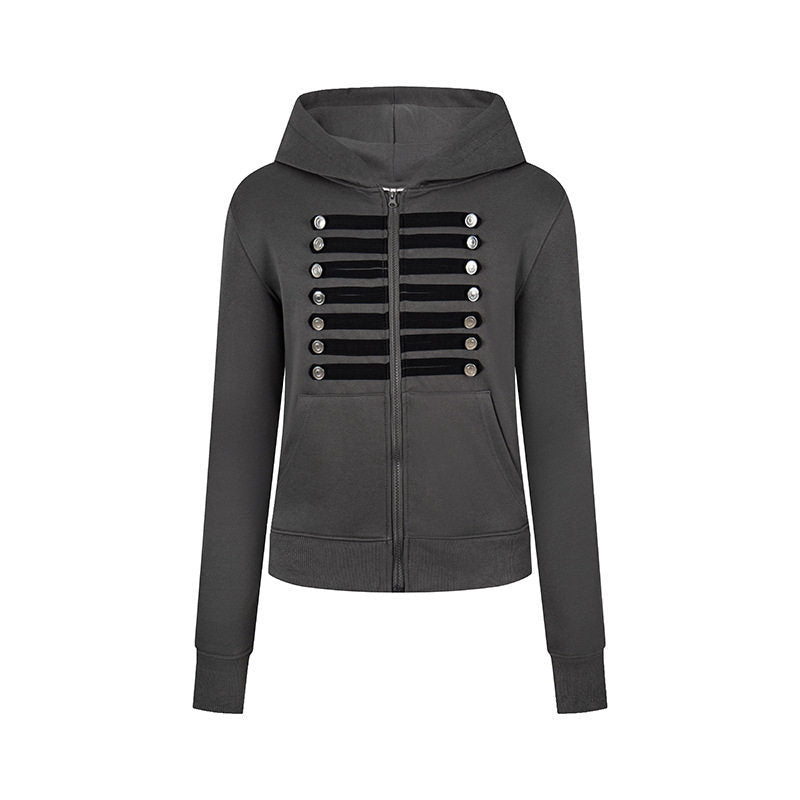 Damen Kapuzen-Sweatjacke mit dekorativer Militär‑Bortenleiste und Zierknöpfen Drune