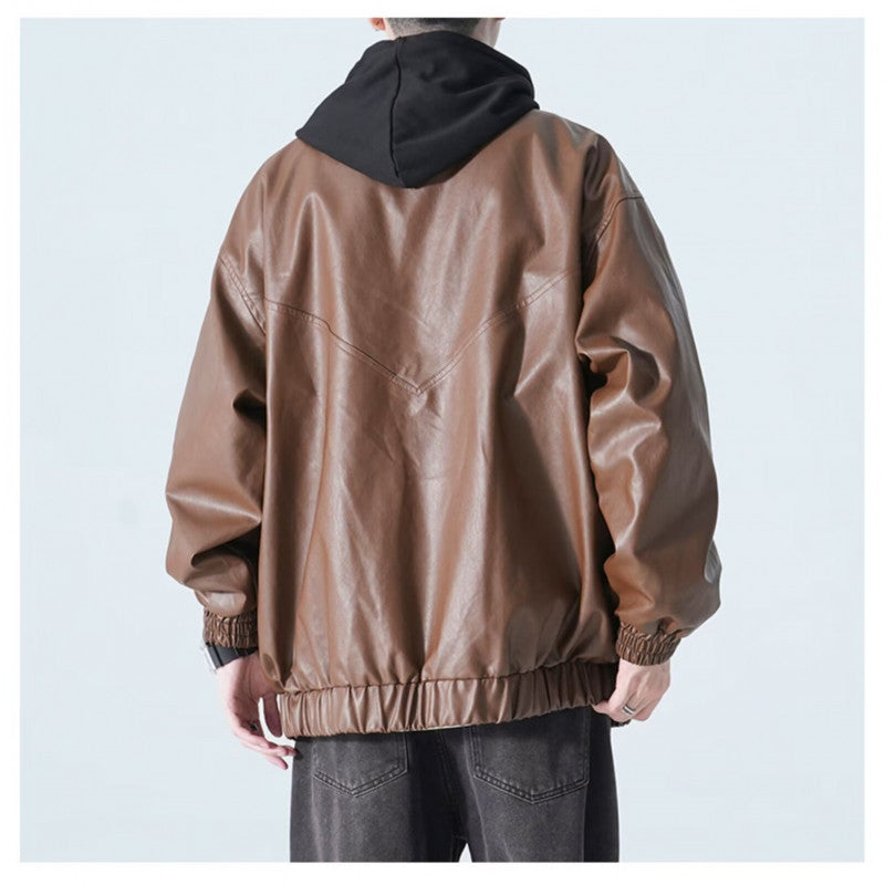 Herren Oversize Kunstleder-Bomberjacke mit Stehkragen, Pattentaschen und elastischem Saum Drune