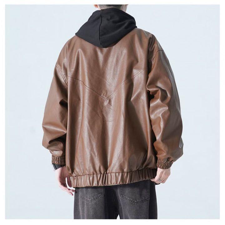 Herren Oversize Kunstleder-Bomberjacke mit Stehkragen, Pattentaschen und elastischem Saum Drune