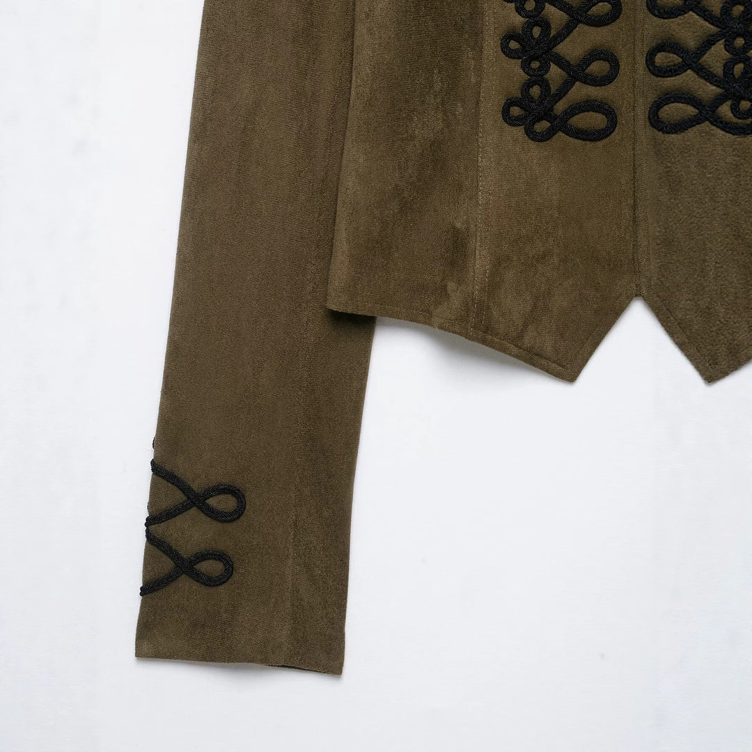 Damen Taillierter Cropped‑Veloursleder‑Blouson mit militärischer Kordelapplikation und Stehkragen Drune