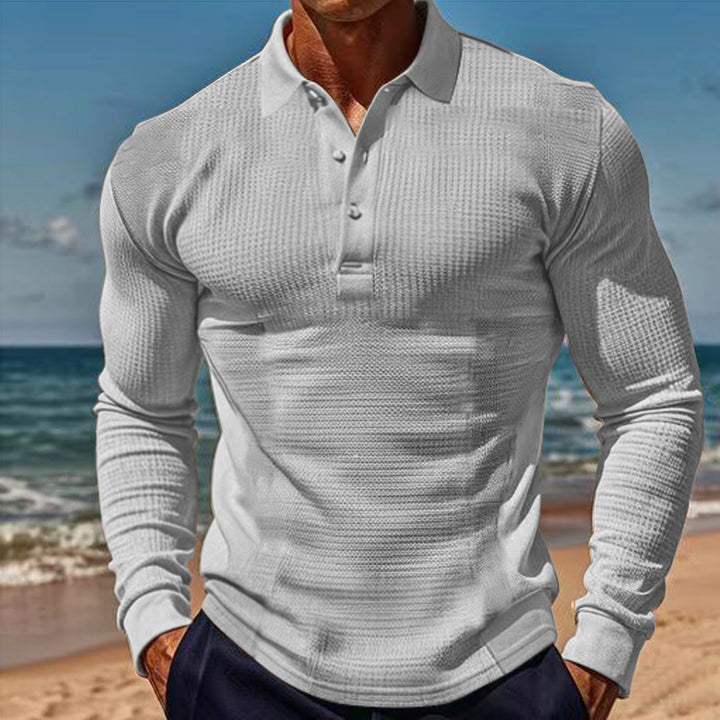 Herren nan körperbetontes Langarm-Henley-Poloshirt aus feiner Rippenstruktur Drune