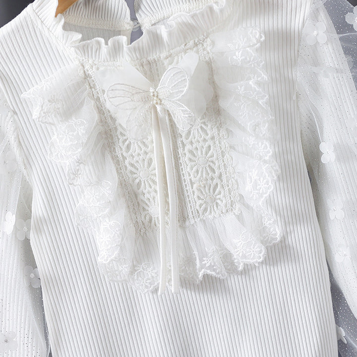 Mädchen Rüschenbluse mit floralen Applikationen und transparenten Ärmeln Drune