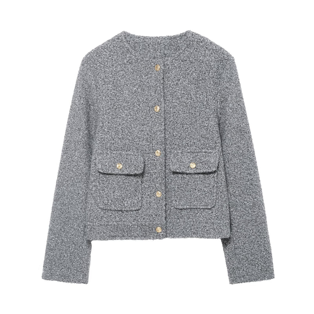 Damen Bouclé Cropped Jacke mit Goldknöpfen und aufgesetzten Pattentaschen Drune