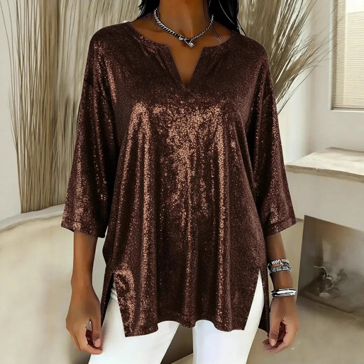 Damen Glitzerndes Oversize-Longshirt mit V-Ausschnitt und seitlichen Schlitzen Drune