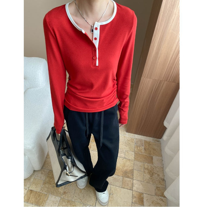 Damen Langarm-Henley-Shirt mit modischer Knopfleiste und weichem Material Drune