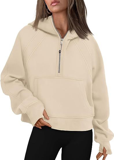Damen lässiger Kapuzenpullover mit modischem Reißverschluss und praktischer Kängurutasche Drune