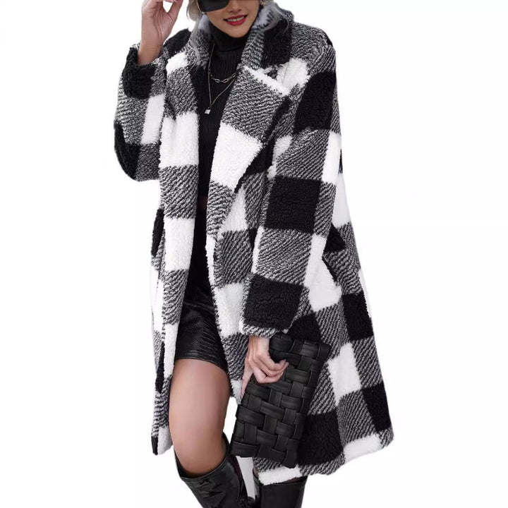 Drune | Langer Mantel - Oversized Fit - Weicher Sherpa-Textur - Kariertes Muster - Wickelkragen