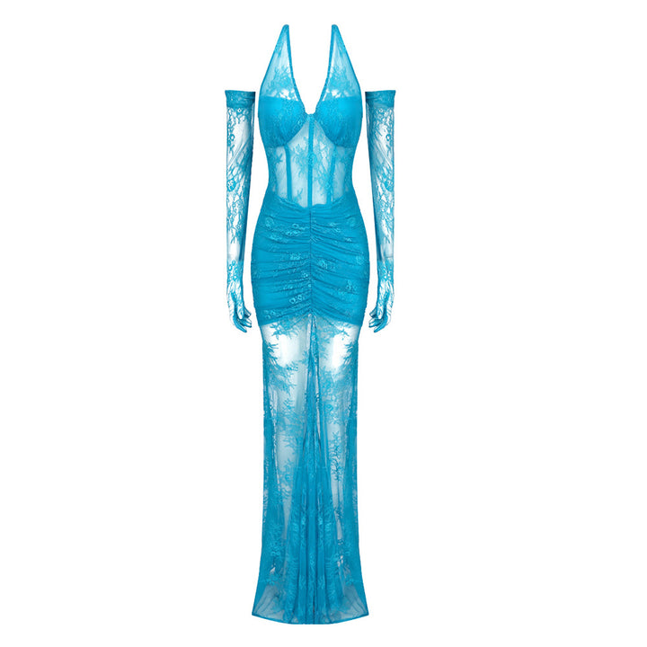 Damen elegantes Spitzenkleid mit langem Ärmel und raffinierten Falten Drune
