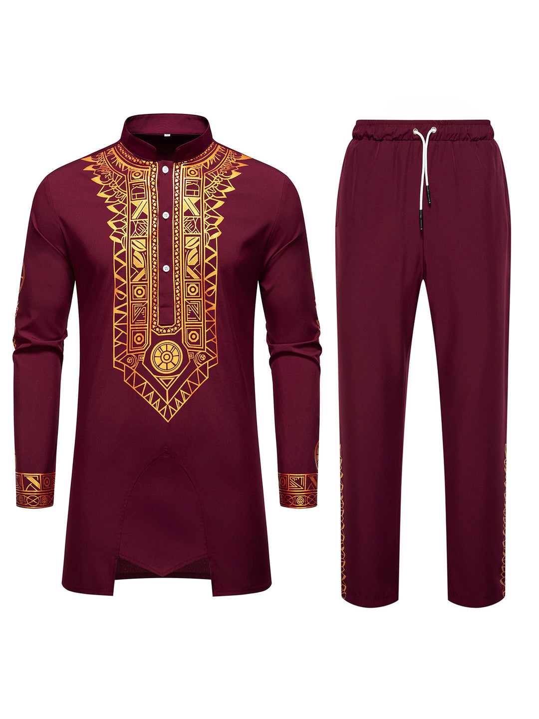 Herren Traditionelles Langarm-Kurta-Set mit Stehkragen, goldfarbenem Ornamentdruck und Tunnelzughose Drune