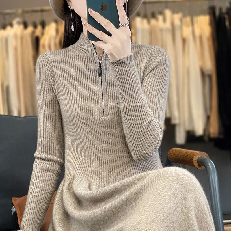 Damen lässiges Strickkleid mit hohem Kragen und Zip-Taschen Drune