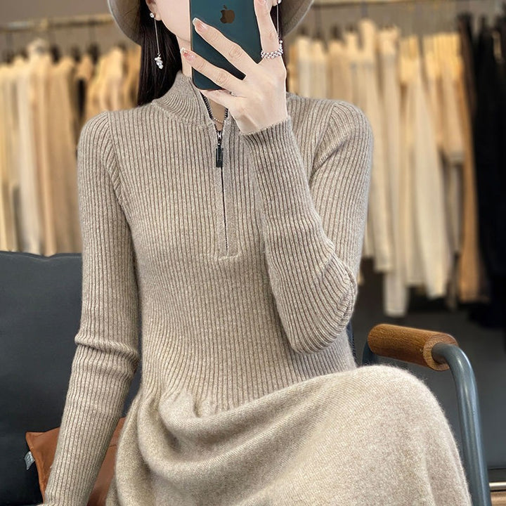 Damen lässiges Strickkleid mit hohem Kragen und Zip-Taschen Drune
