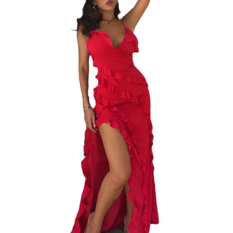 Damen Maxikleid mit Rüschen und hohem Schlitz Drune