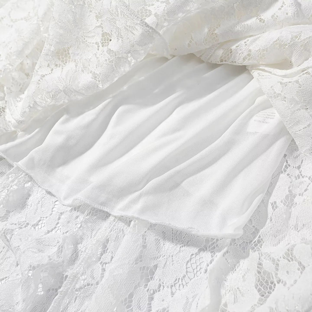 Damen nan Spitzenkleid mit Stehkragen, ausgestellter A-Linie und Glockenärmeln Drune