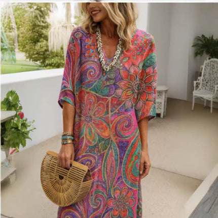 Damen nan luftiges Boho-Kaftankleid mit V-Ausschnitt, lockerem Fall und kurzen Fledermausärmeln Drune