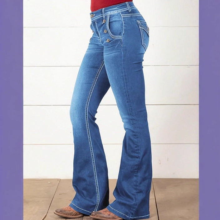 Damen Taillenhohe Denim‑Flare‑Jeans mit seitlicher Zierknopfleiste und sculptendem Sitz Drune