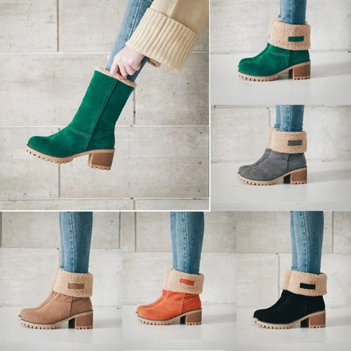 Damen Gefütterte Ankle-Boots mit Lammfell-Umschlag und profiliertem Blockabsatz Drune