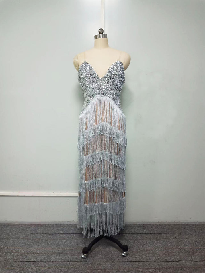 Damen Abendkleid mit funkelnden Fransen und figurbetonter Silhouette Drune