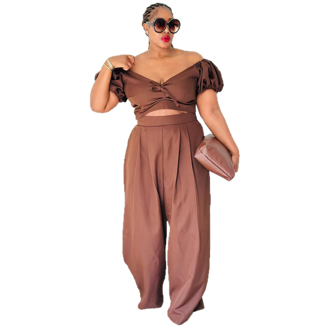 Damen Crop-Top und Palazzo-Hosen Set mit voluminösen Ärmeln und eleganten Falten Drune