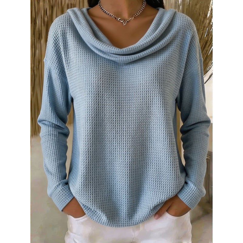 Damen Lässiger Waffelstrick-Pullover mit weitem Wasserfallkragen und gerundetem Saum Drune