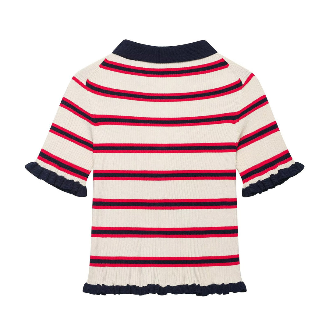 Damen Kurzärmelige Feinstrick-Cardigan mit Polokragen und Volantbündchen Drune