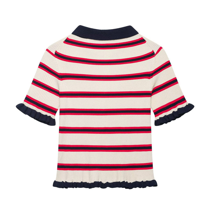 Damen Kurzärmelige Feinstrick-Cardigan mit Polokragen und Volantbündchen Drune