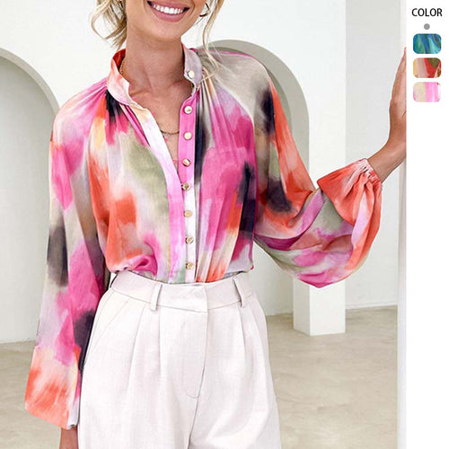 Damen nan Chiffon-Bluse mit Aquarell-Print, Stehkragen, verdeckter Knopfleiste und Ballonärmeln Drune