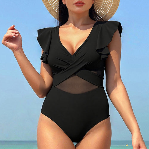 Damen Eleganter Einteiler Badeanzug mit asymmetrischem Rüschendesign Drune