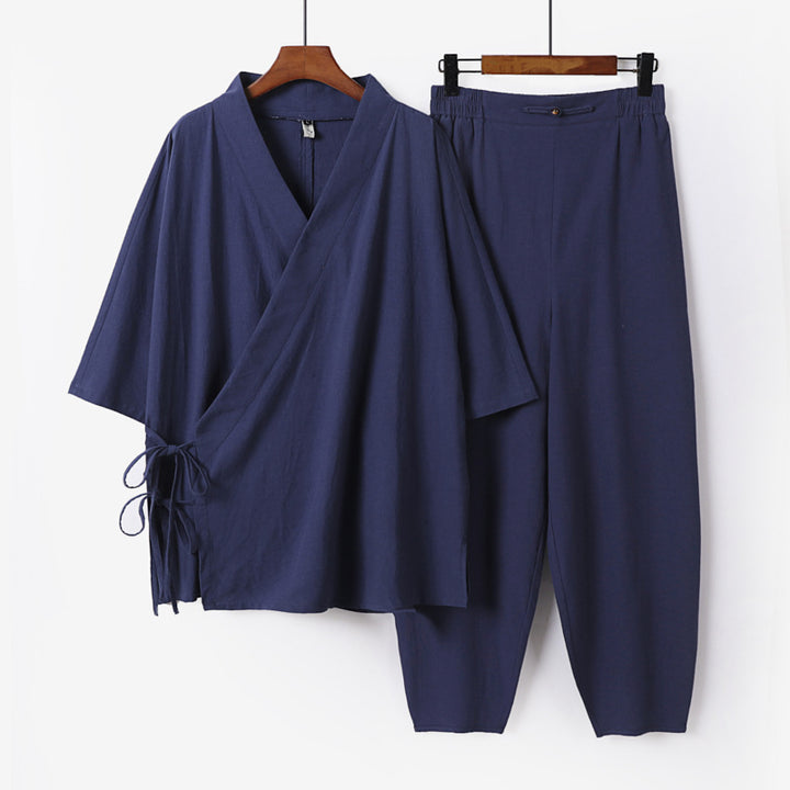 Unisex Leichtes Wickel-Lounge-Set im Kimono-Stil mit seitlichen Bindebändern und elastischer konisch zulaufender Hose Drune
