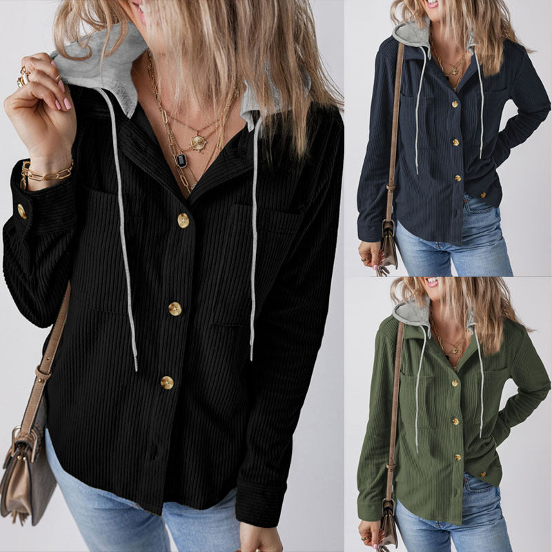 Damen Gerippte Hemdjacke mit Kapuze, Knopfleiste und aufgesetzten Taschen Drune
