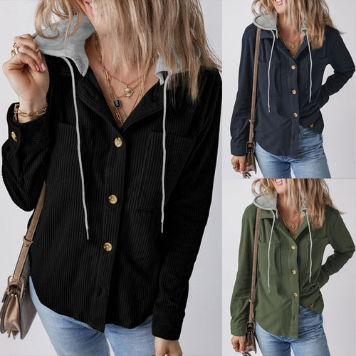 Damen Gerippte Hemdjacke mit Kapuze, Knopfleiste und aufgesetzten Taschen Drune