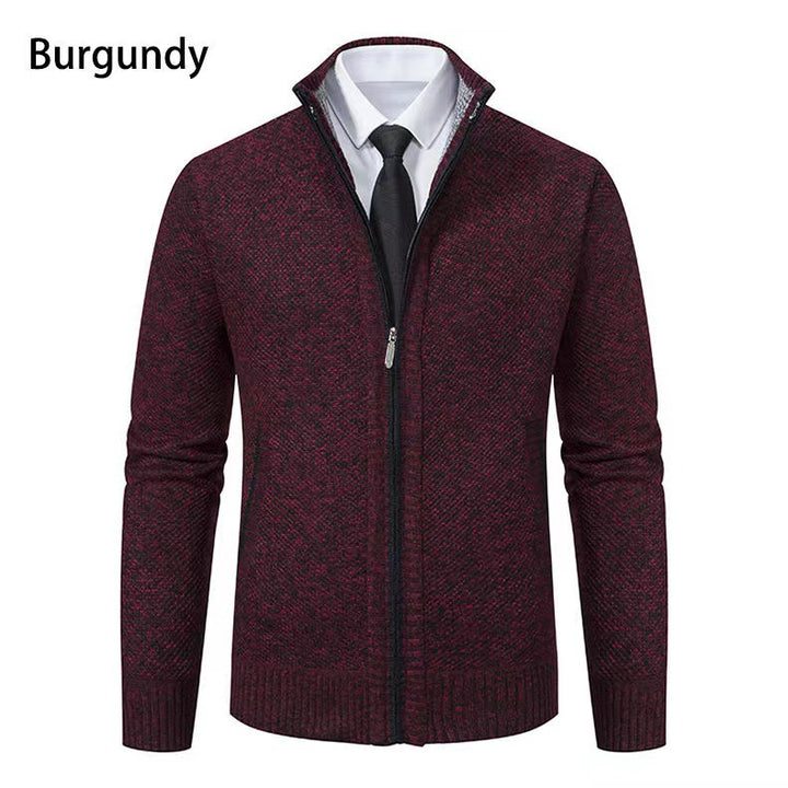 Herren nan melierte Strickzipjacke mit hohem Stehkragen, feiner Struktur und verdeckten Eingrifftaschen Drune
