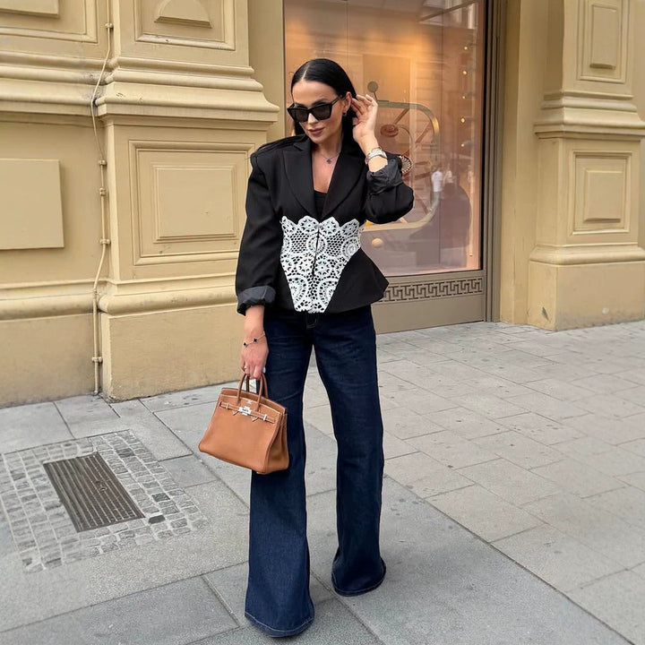Damen Zweiteiliges Anzugset mit tailliertem Blazer, Spitzen‑Corsage und weiter Palazzohose Drune