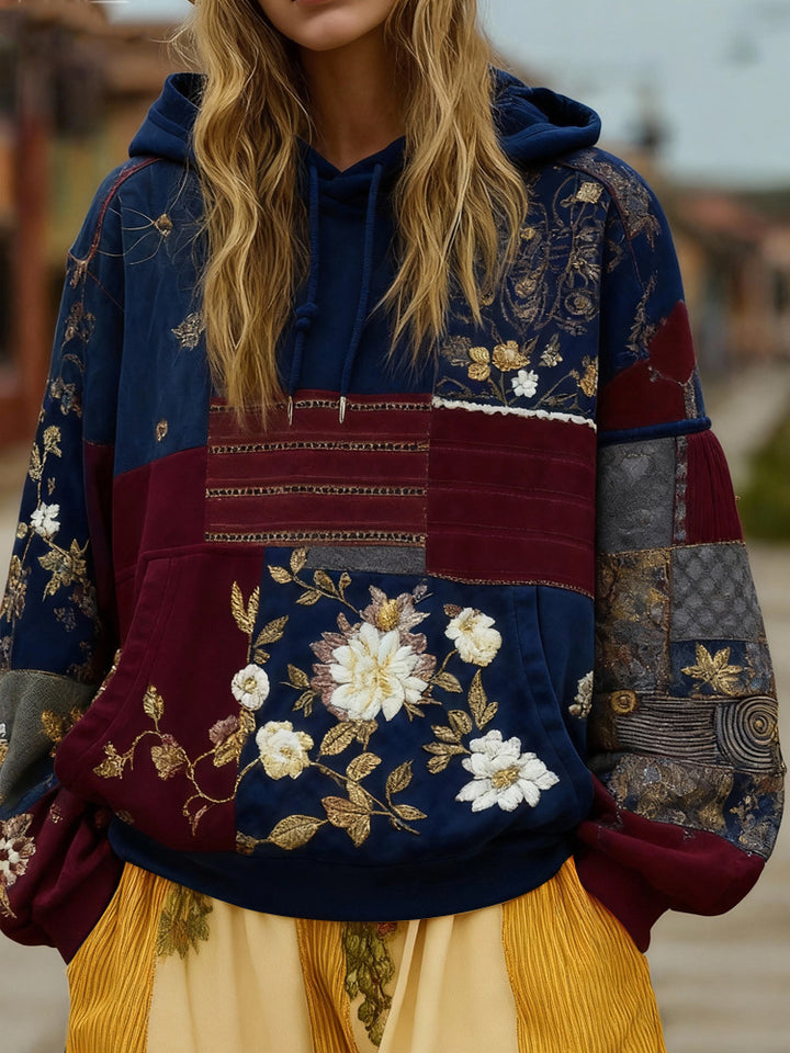 Damen Bestickter Patchwork-Kapuzenpullover mit Blumenapplikation und Kängurutasche Drune