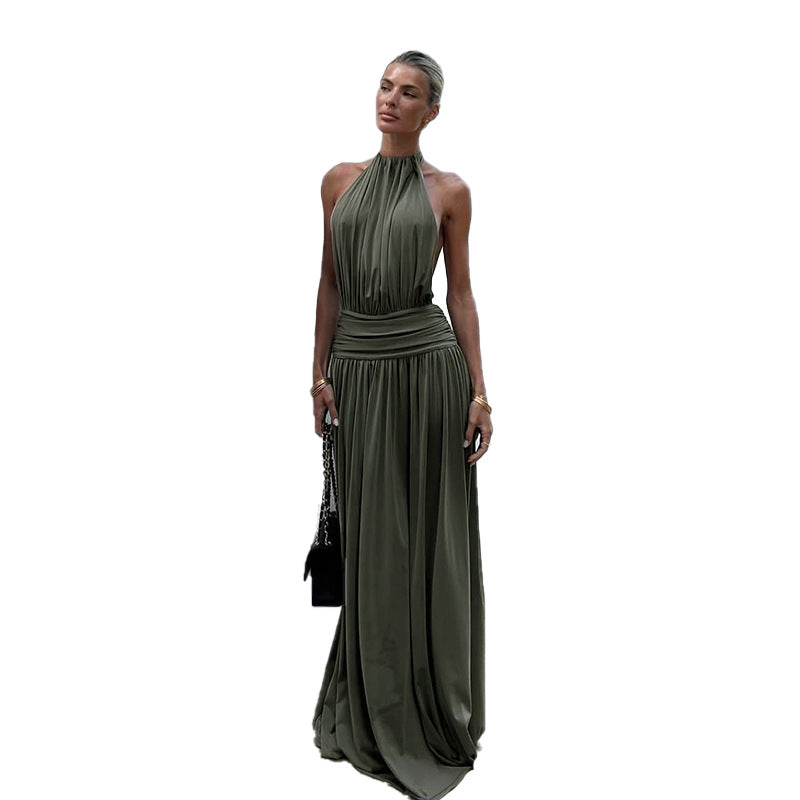 Damen Elegantes Maxikleid mit hohem Kragen und fließendem Stoff Drune