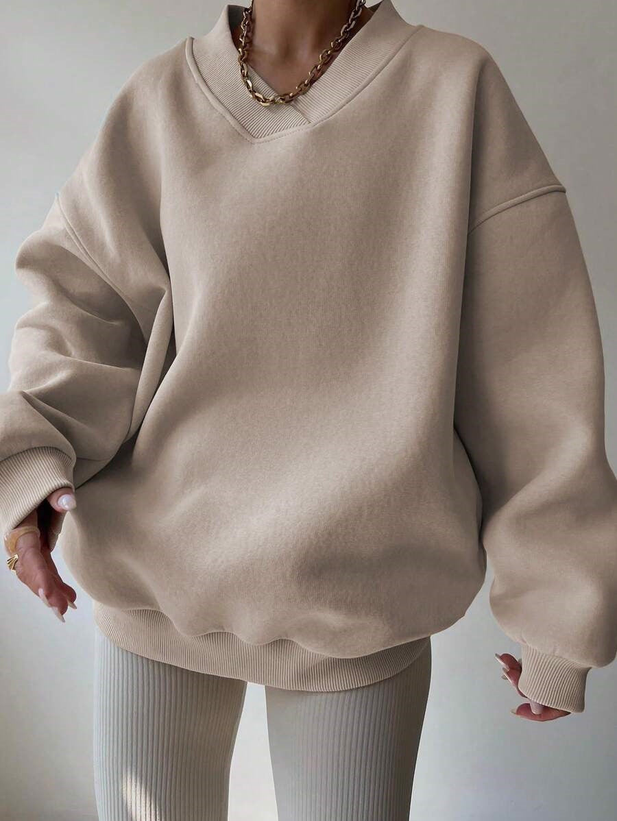 Damen Oversized V-Ausschnitt Sweatshirt mit verstärktem Rippkragen und extraweitem Cut Drune