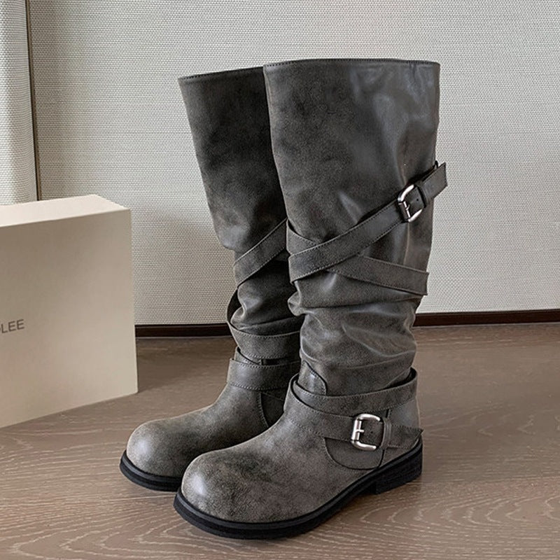 Damen Kniehohe Biker-Stiefel in Leder-Optik mit verstellbaren Schnallen Drune