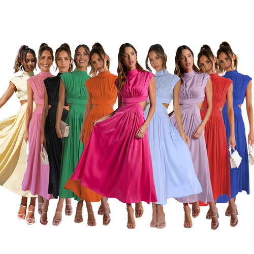 Damen elegantes Maxikleid mit hohem Kragen und seitlichen Cut-Outs Drune