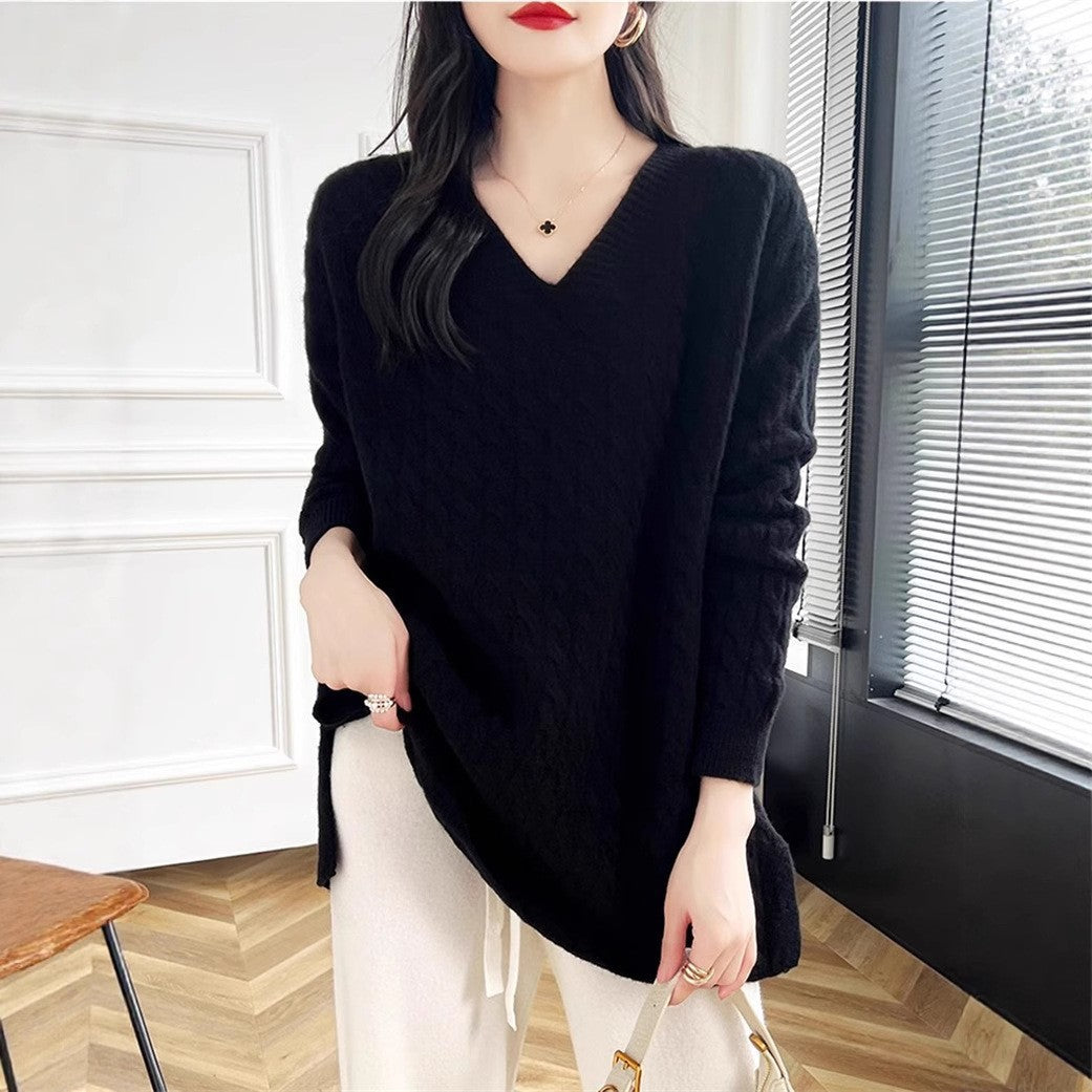 Damen Grobstrickpullover mit tiefem V-Ausschnitt und strukturierter Textur Drune
