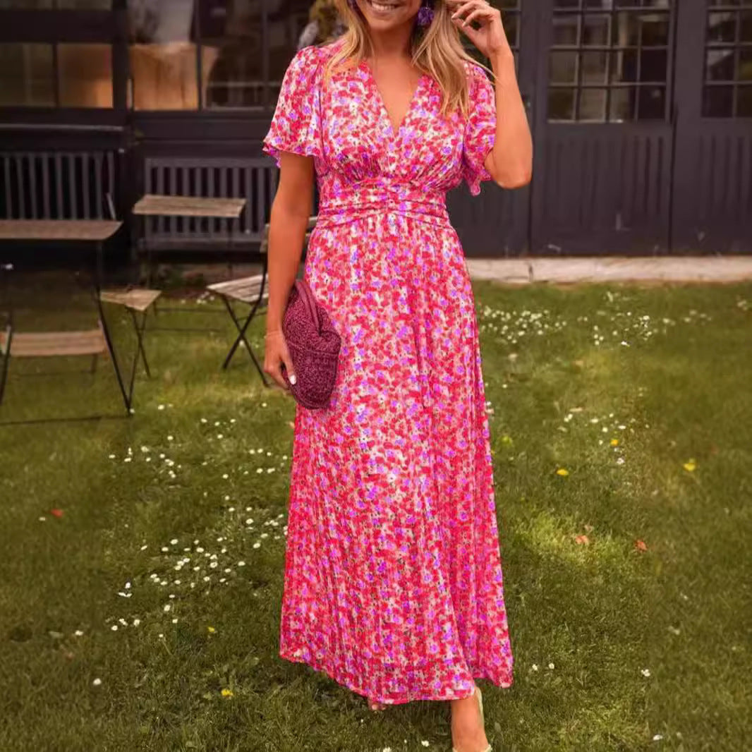 Damen Maxikleid mit elegantem Blumenmuster und tiefem V-Ausschnitt Drune
