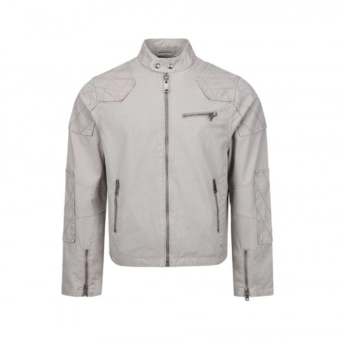 Herren Kurz geschnittene Biker‑inspirierte Baumwolljacke mit Stehkragen, Quilt‑Einsätzen und Reißverschlusstaschen Drune
