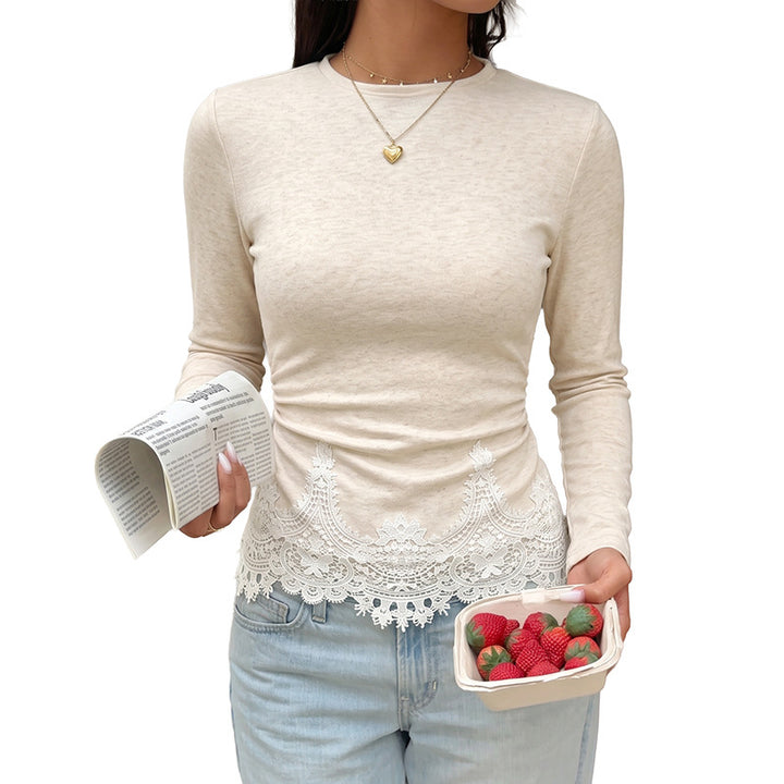 Damen Elegantes Langarmshirt mit Spitzenbordüre Drune