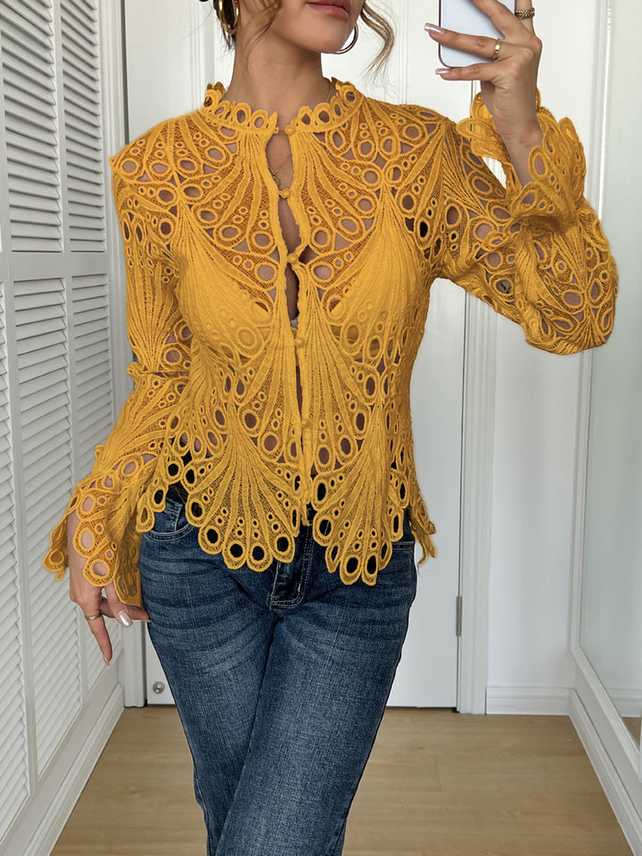 Damen Spitze Bluse mit eleganten Cut-Outs und figurschmeichelndem Design Drune
