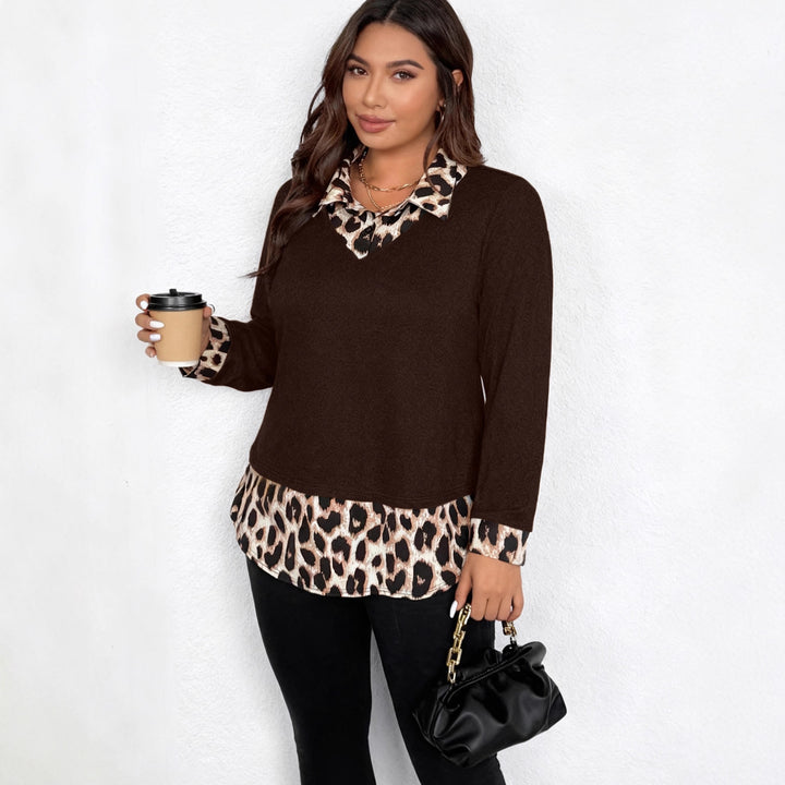 Damen Lagenlook-Pullover mit V-Ausschnitt und Leoprint-Blusen-Einsatz Drune