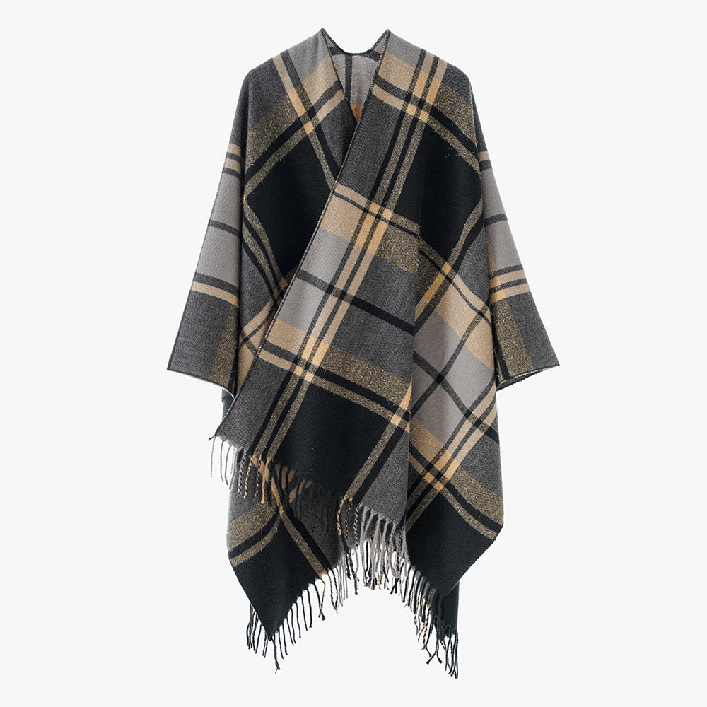 Damen Karierter Cape-Überwurf im Oversize-Stil aus Wollmix mit Fransensaum Drune