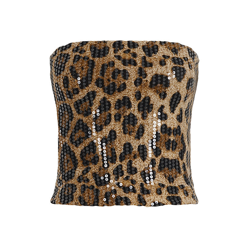 Damen Pailletten-Minikleid mit Leopardenmuster und verstellbaren Spaghettiträgern Drune