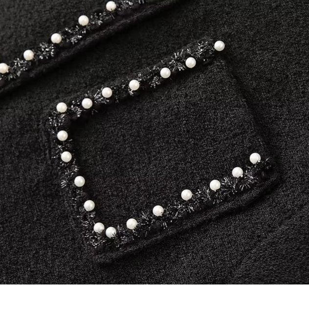 Damen elegante Jacke mit perlenverziertem Kragen und praktischen Taschen Drune