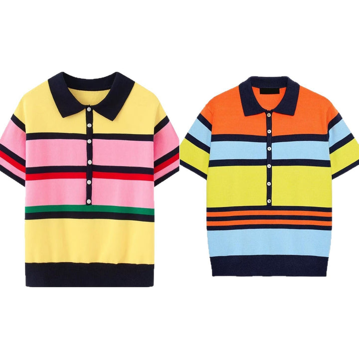 Damen Kurzärmeliges gestreiftes Feinstrick-Poloshirt mit durchgehender Knopfleiste Drune