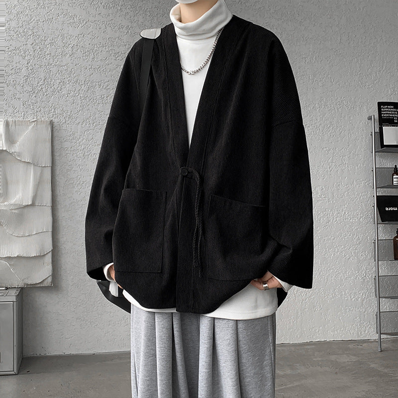 Herren nan oversized Cord-Kimono-Cardigan mit Kordelzug, aufgesetzten Taschen und Tropfenärmeln Drune